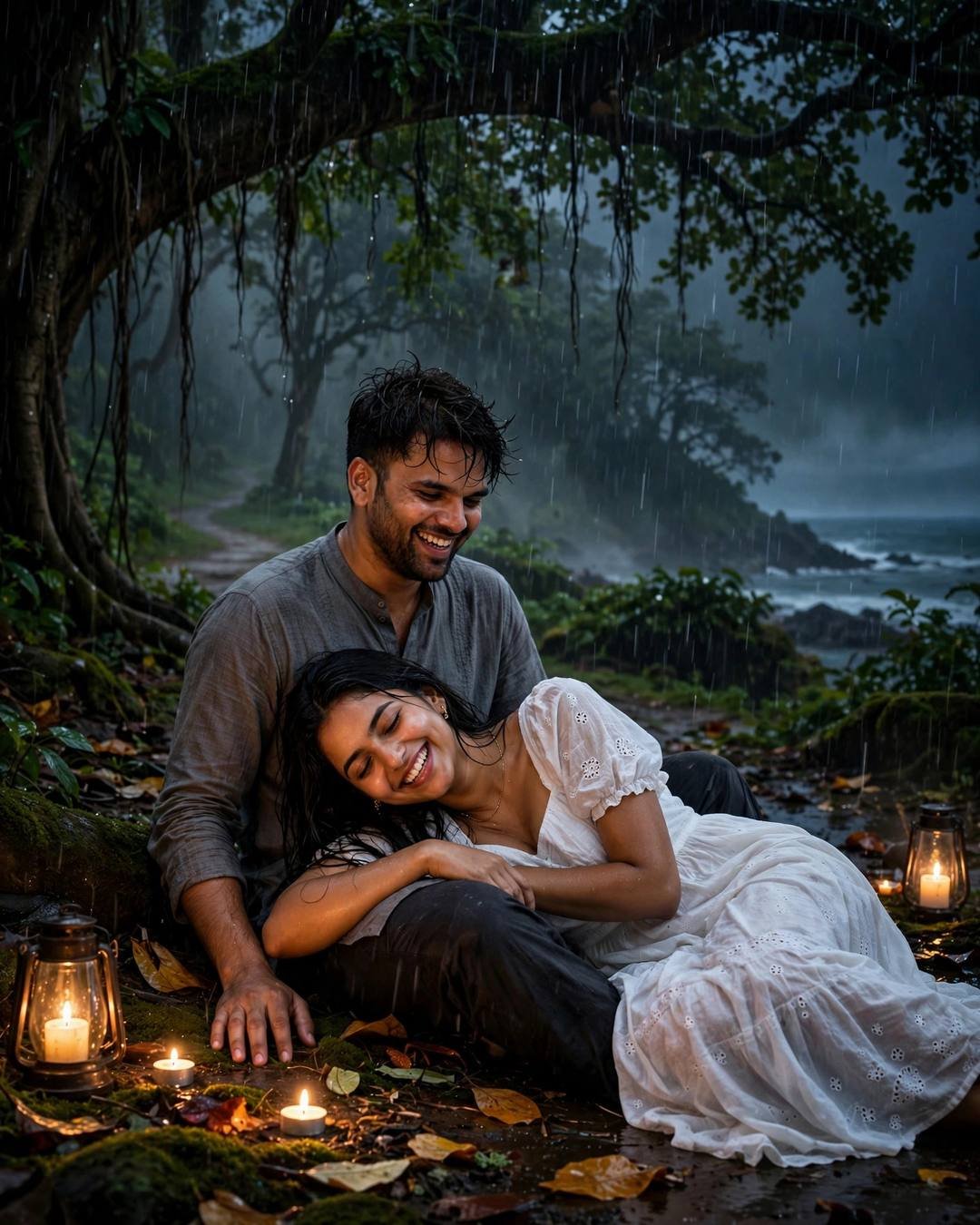 Couple laughing together under a tree on a misty forest path in monsoon rain with candles glowing