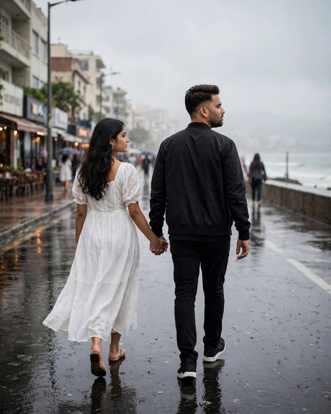 Couple walking hand in hand away down a rain-soaked seaside promenade, woman in white dress