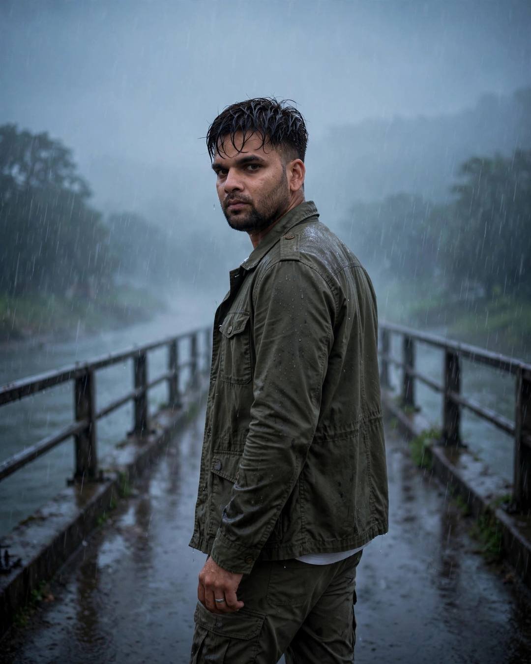 Young Indian man in olive field jacket walking on a rain-soaked bridge over a foggy river