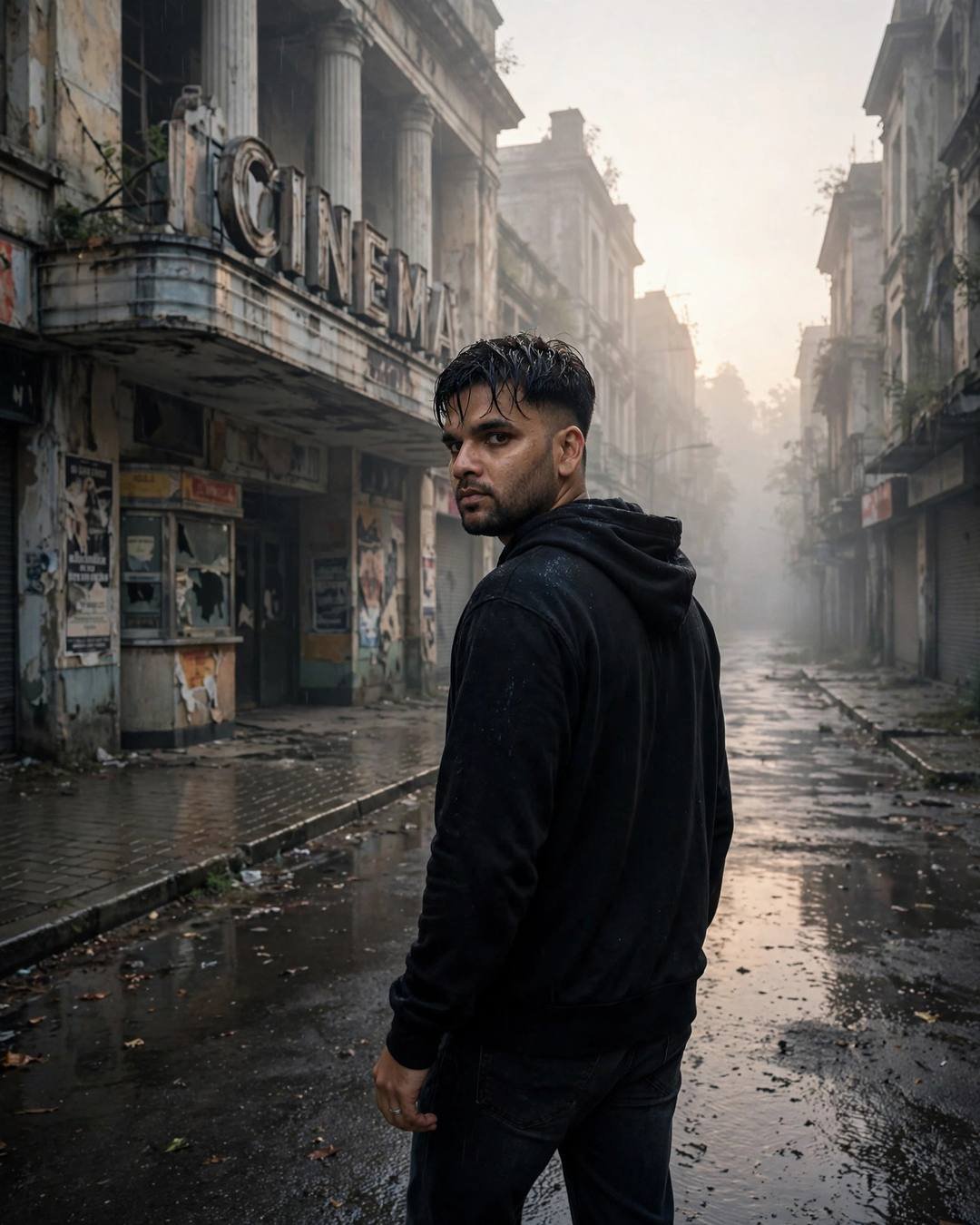 Young Indian man in black hoodie walking away from an abandoned cinema hall marquee on a foggy street
