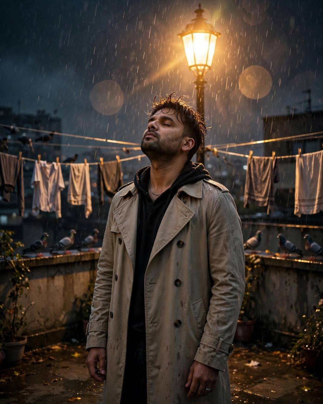Young Indian man in beige trench coat standing under a lamp in the rain on a rooftop terrace with clothes lines