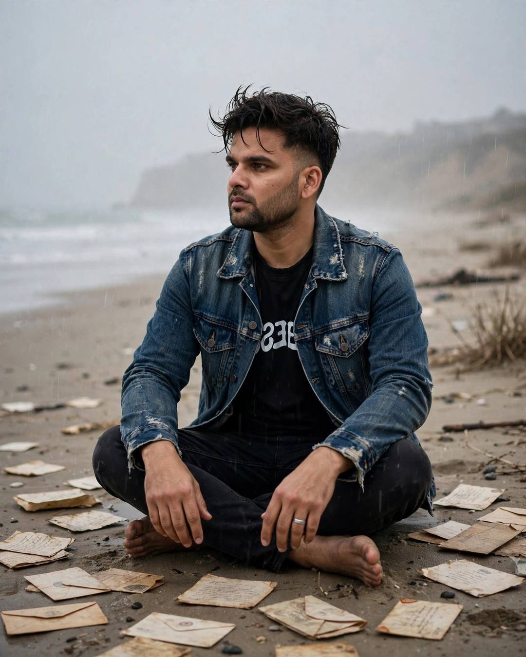 Young Indian man in denim jacket sitting cross-legged on a deserted beach surrounded by old letters