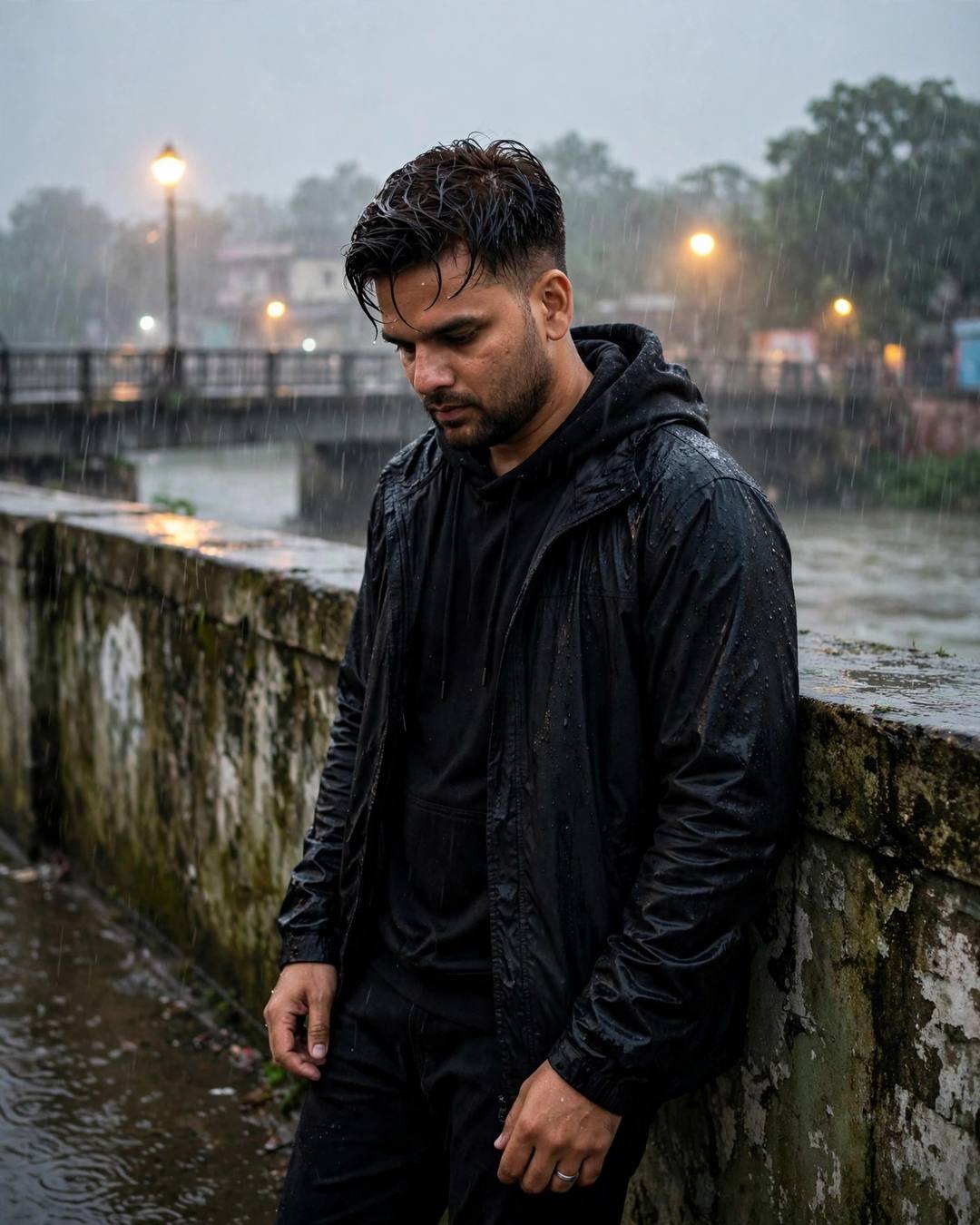 Young Indian man in black rain jacket leaning against a mossy wall on a bridge in heavy monsoon rain