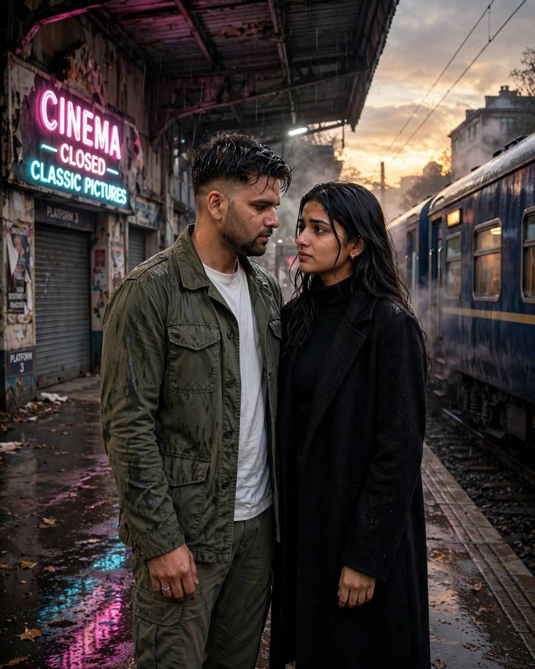 AI portrait of a young couple in a final embrace on a railway platform beside a waiting train, neon pink and cyan light from an abandoned cinema hall, rain and steam