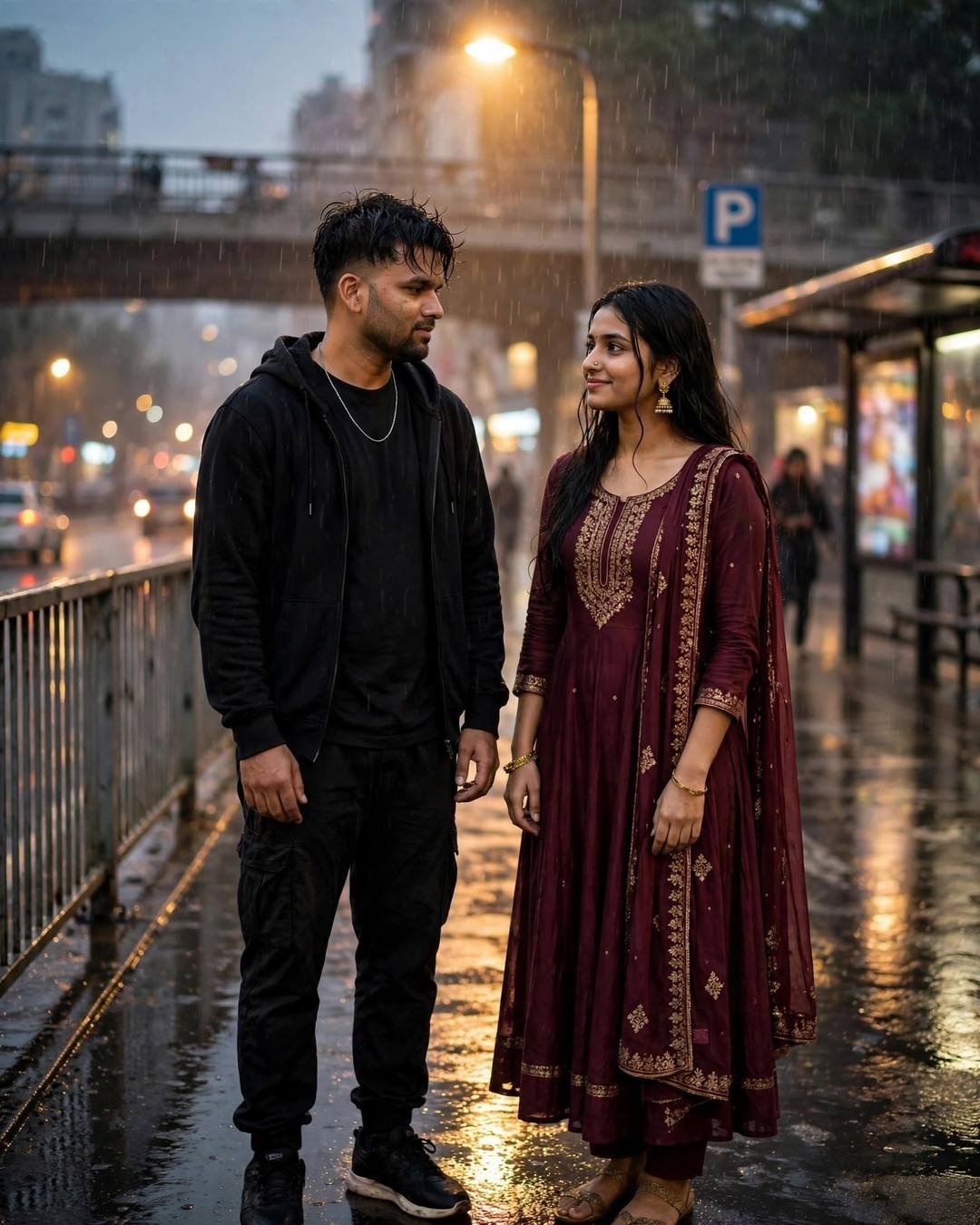 AI portrait of a young couple standing face to face on a rain-wet bridge at late evening, the man in black streetwear and the woman in a maroon anarkali, warm sodium streetlamp glow