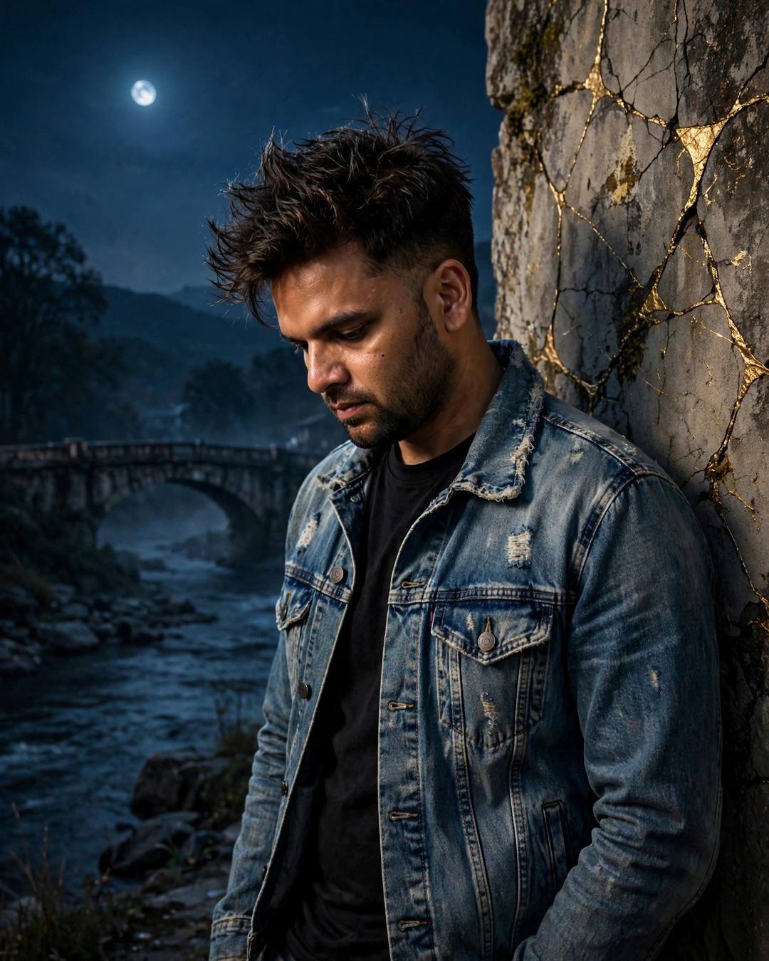 Young man in denim jacket leaning against a weathered wall with gold-filled cracks, moonlit bridge over a river behind him