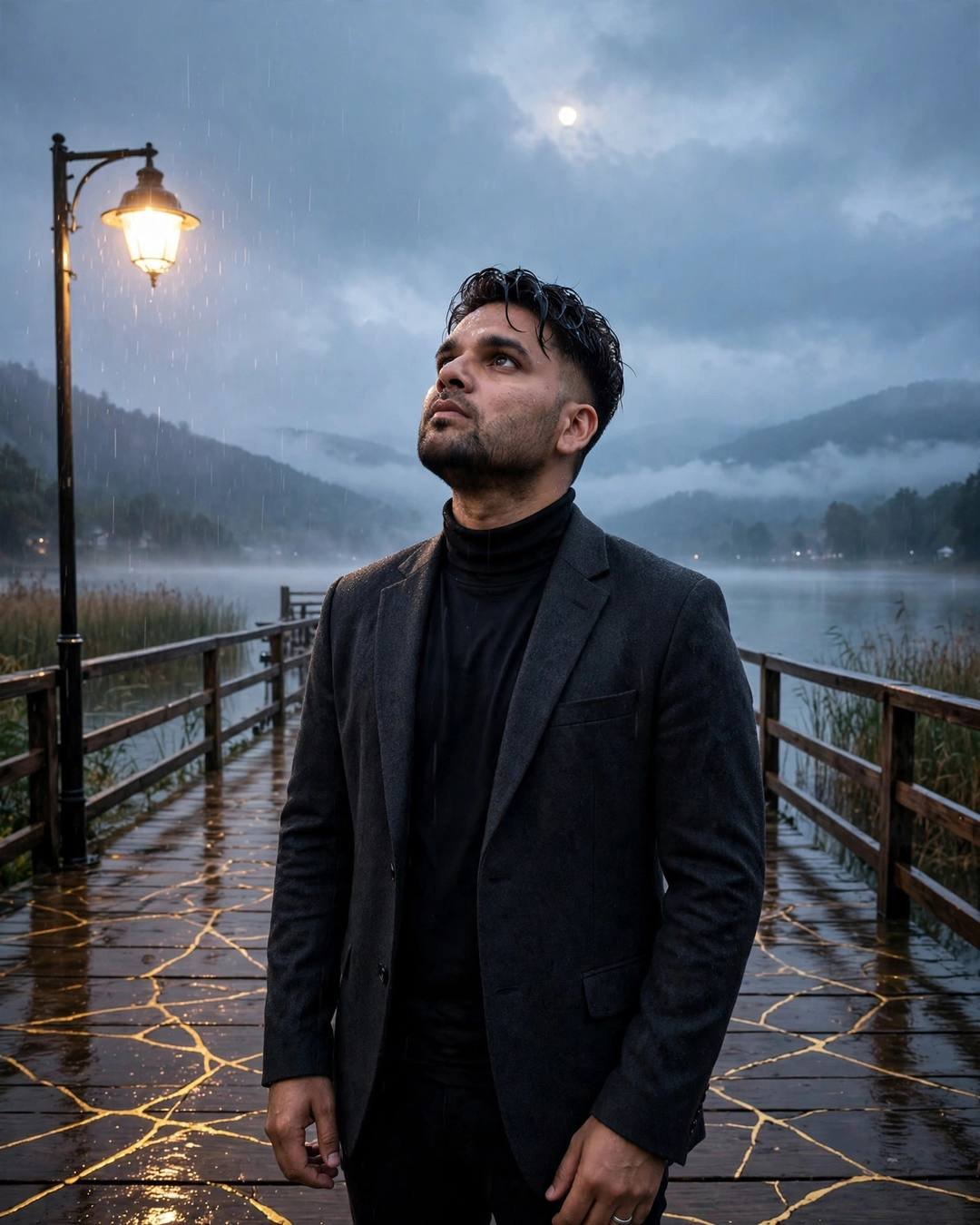 Young man in charcoal blazer standing under a streetlamp in the rain on a lake pier at dawn, face lifted to the sky