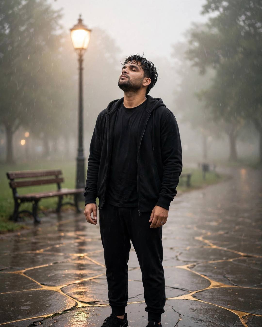 Young man in black streetwear standing under a streetlamp in the rain in a foggy park, face lifted to the sky