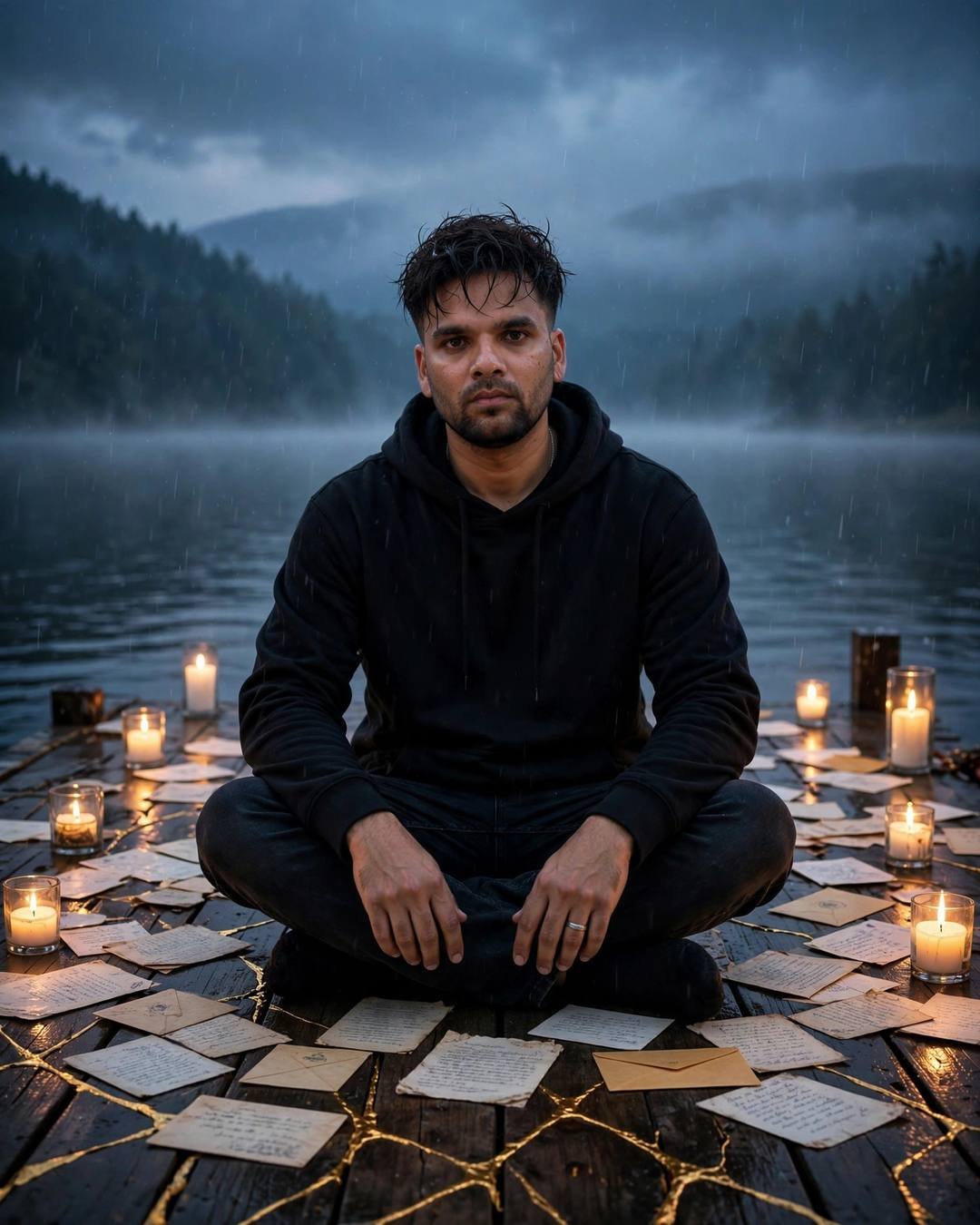 Young man in black hoodie sitting cross-legged on a wooden pier surrounded by old letters and candles, lake and mist behind him