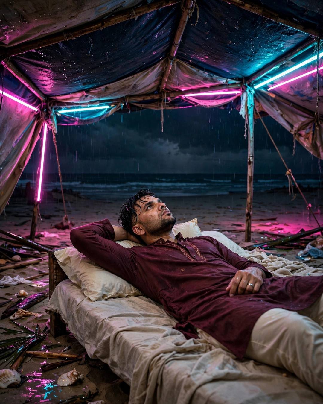 Young Indian man in maroon kurta lying on a bed under a makeshift tarp on a night beach, neon pink and cyan light, staring upward