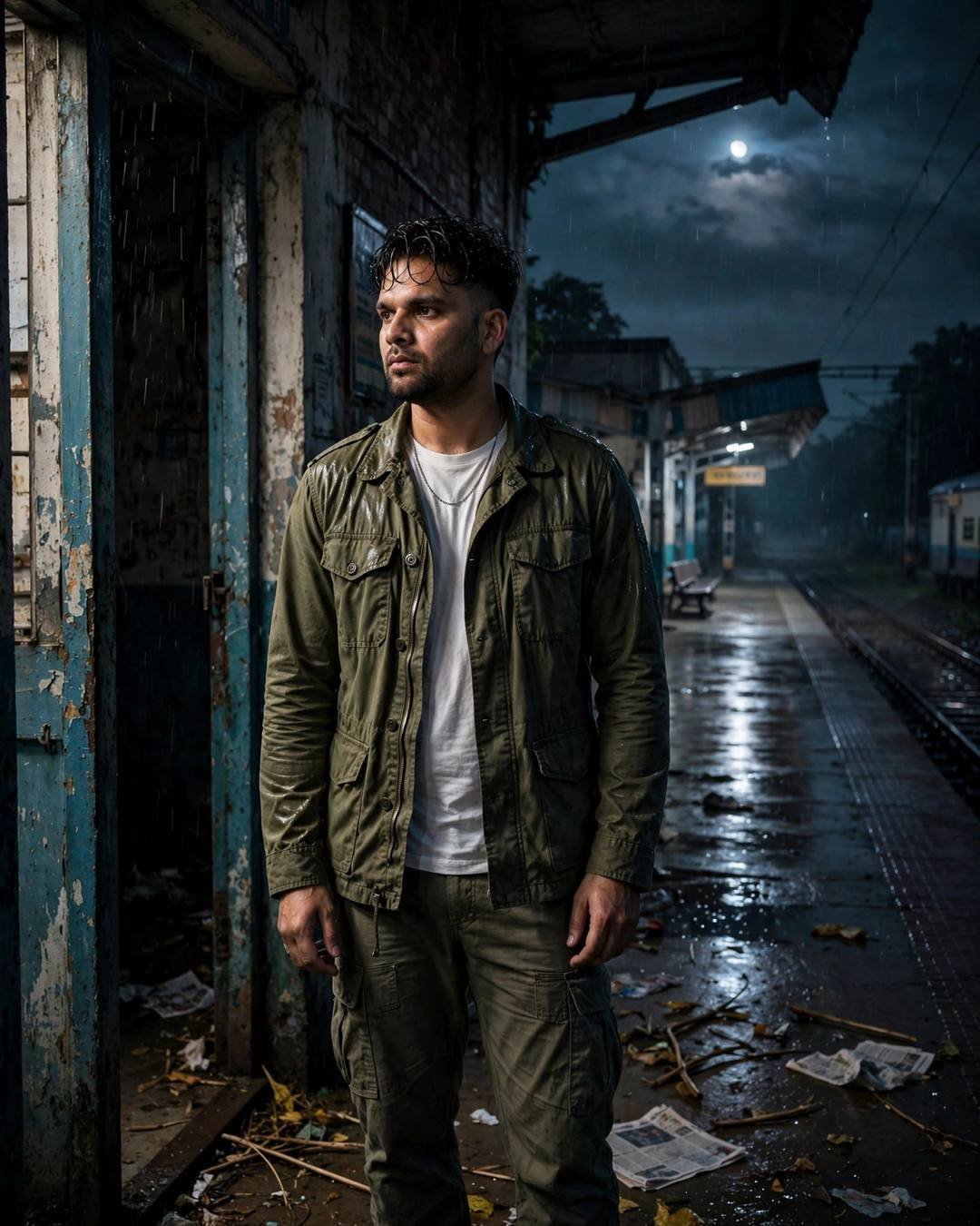 Young Indian man in olive field jacket standing in a doorway at an empty railway platform at night, moonlit rain