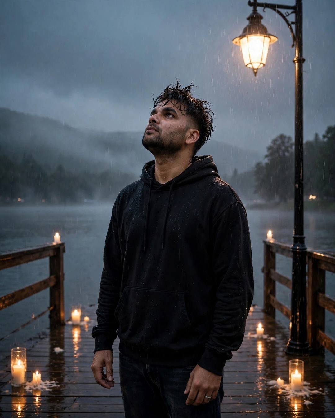 Young Indian man in black hoodie under a streetlamp on a candlelit lake pier at dawn, face lifted to the rain