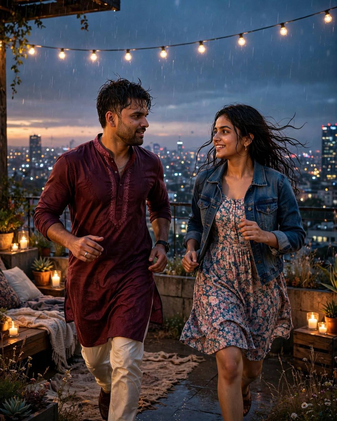 Couple running and laughing on a rooftop terrace in drizzle with string lights and city below