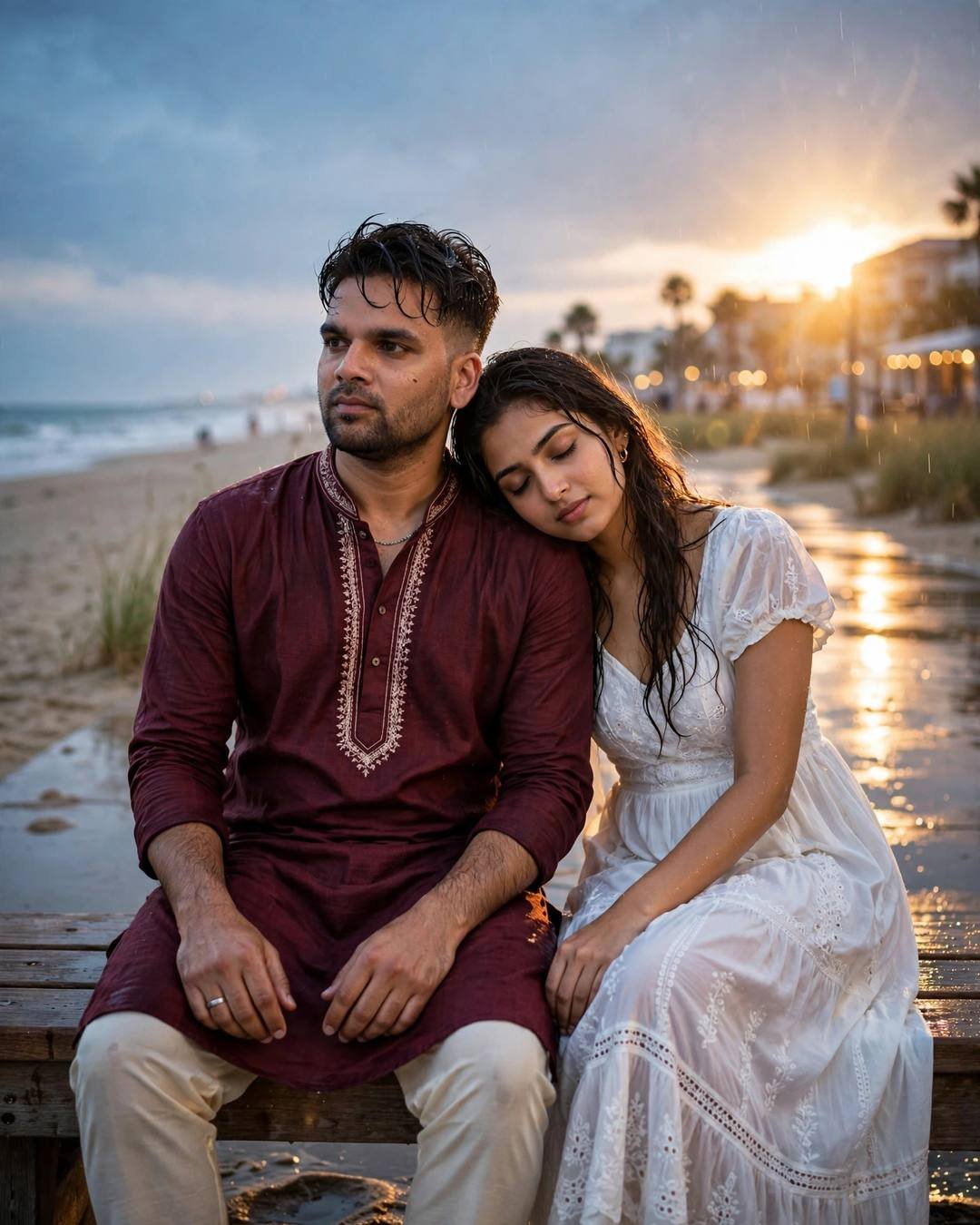 Couple sitting close on a bench at a deserted beach at dusk, woman's head on his shoulder