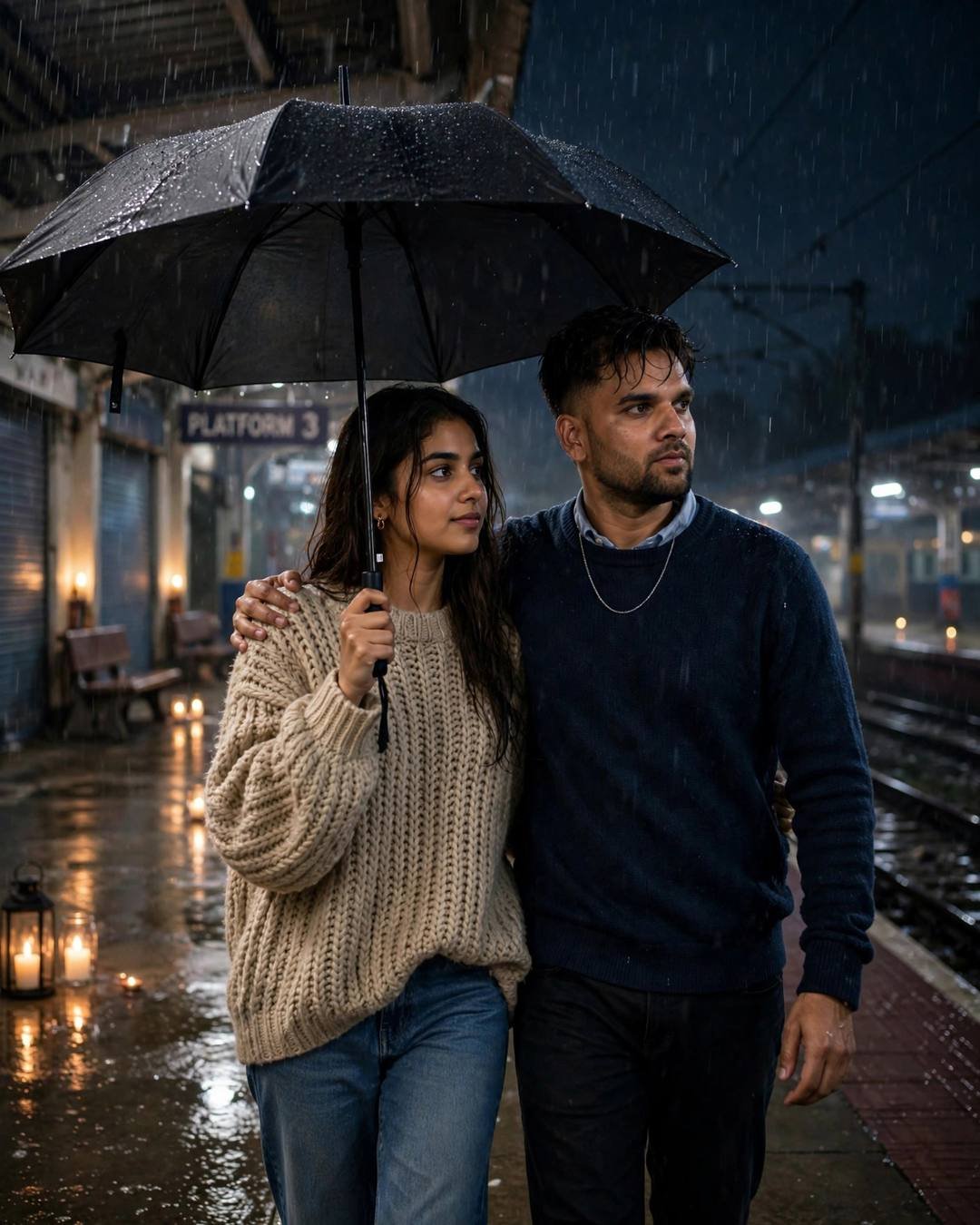 Couple walking under one umbrella on an empty rainy railway platform at night with candles glowing