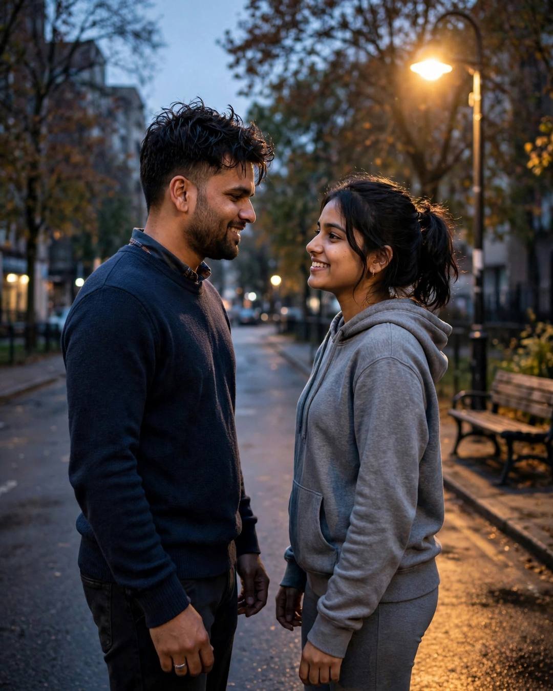 Couple dancing slowly and grinning on an empty street under a warm streetlamp at night