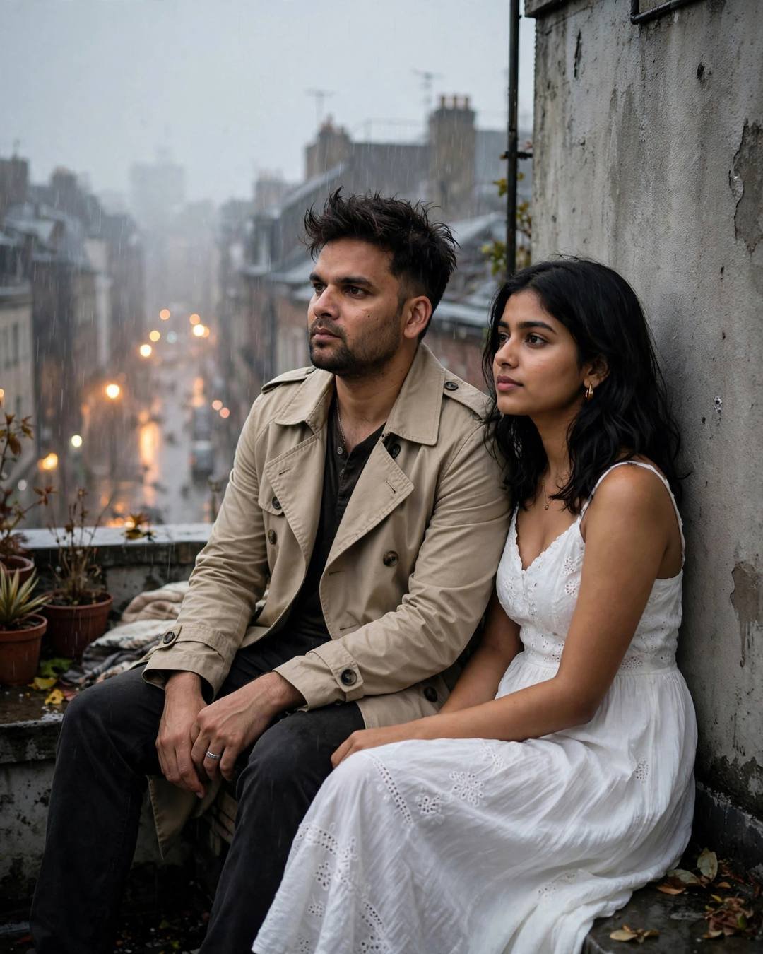 Couple sitting with backs against a rooftop wall at dawn, looking out over a rain-soaked street