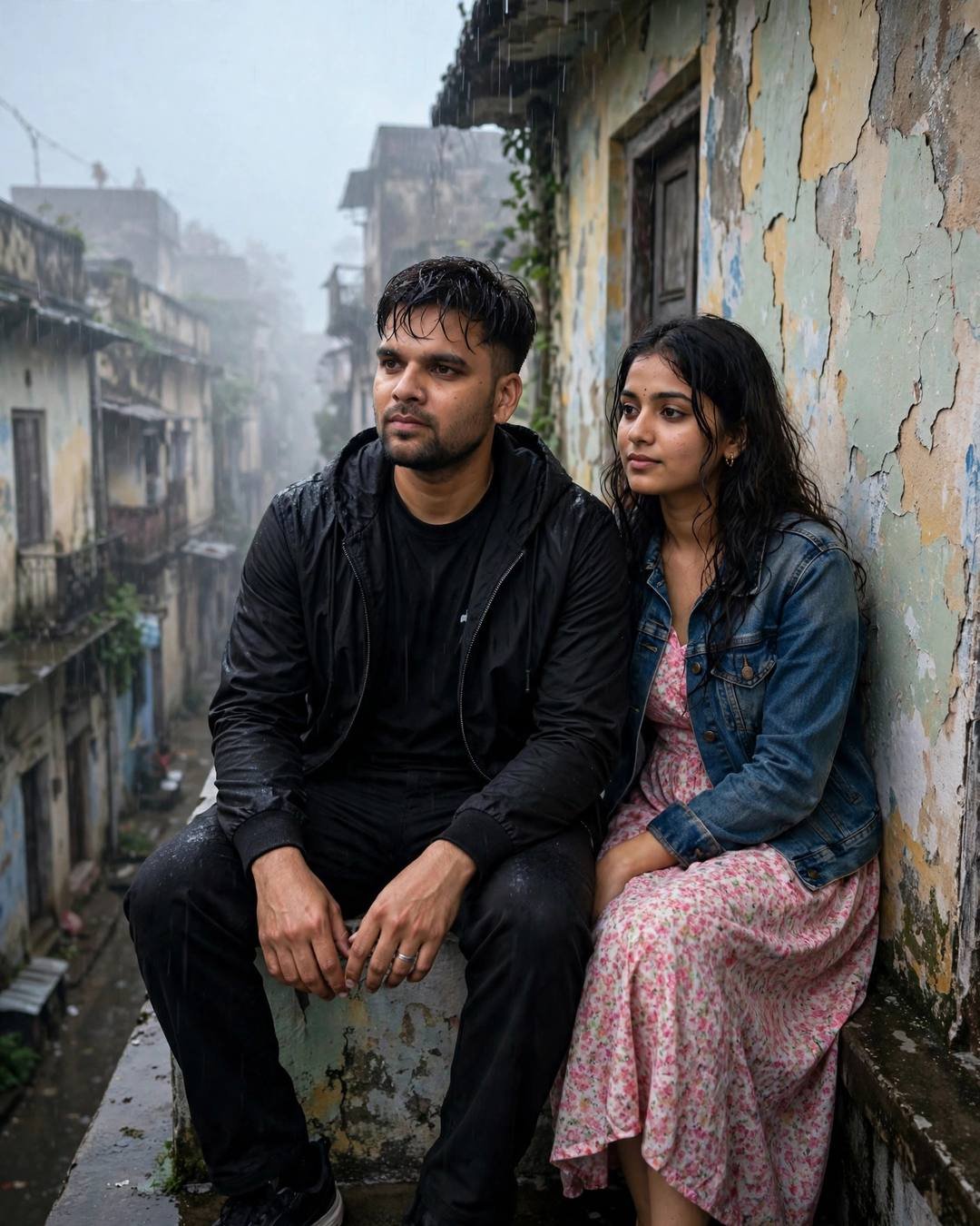 Couple sitting close on a rain-soaked rooftop above a foggy old-city lane at dawn, cinematic photorealistic portrait