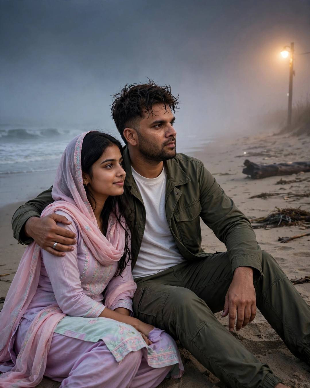 AI couple portrait — man in olive field jacket with arm around woman in pastel salwar-kameez on a foggy beach under a streetlamp