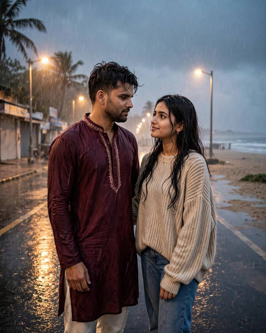 Couple slow dancing in monsoon rain under streetlights by an empty beach road at dusk
