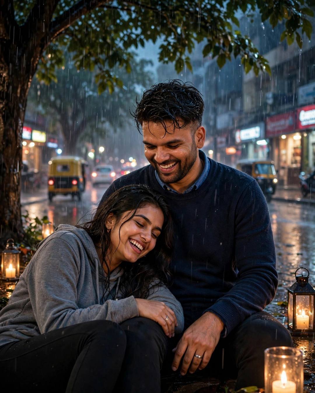 Couple laughing together under a dripping tree in heavy monsoon rain at night, lanterns glowing