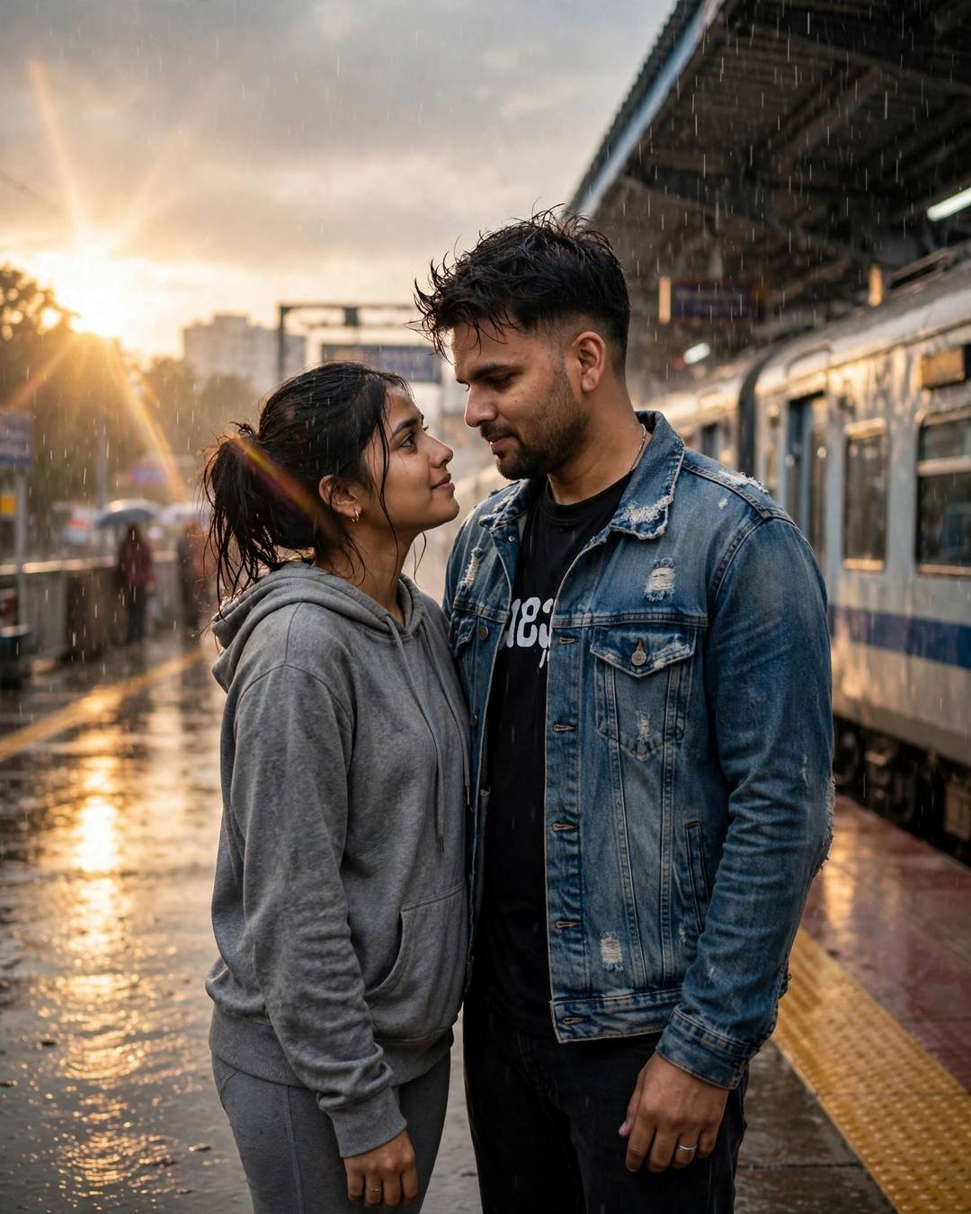 Couple standing face to face on a rainy railway platform as golden sunlight breaks through storm clouds
