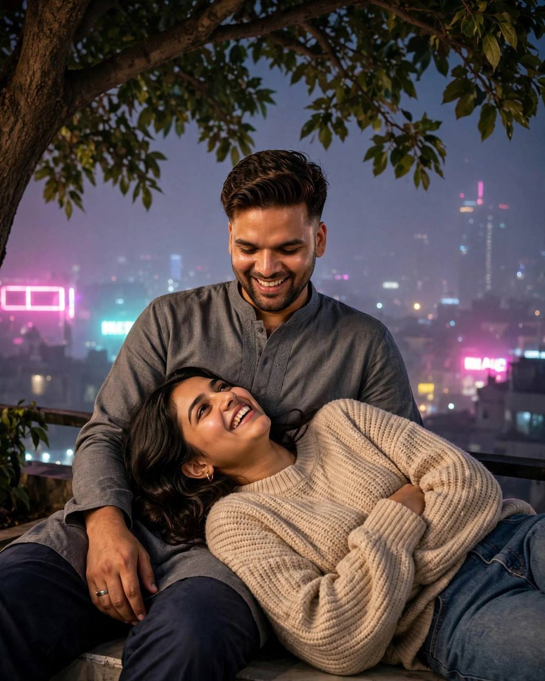 Couple laughing on a rooftop at night, her head in his lap, neon-lit city glowing through fog below