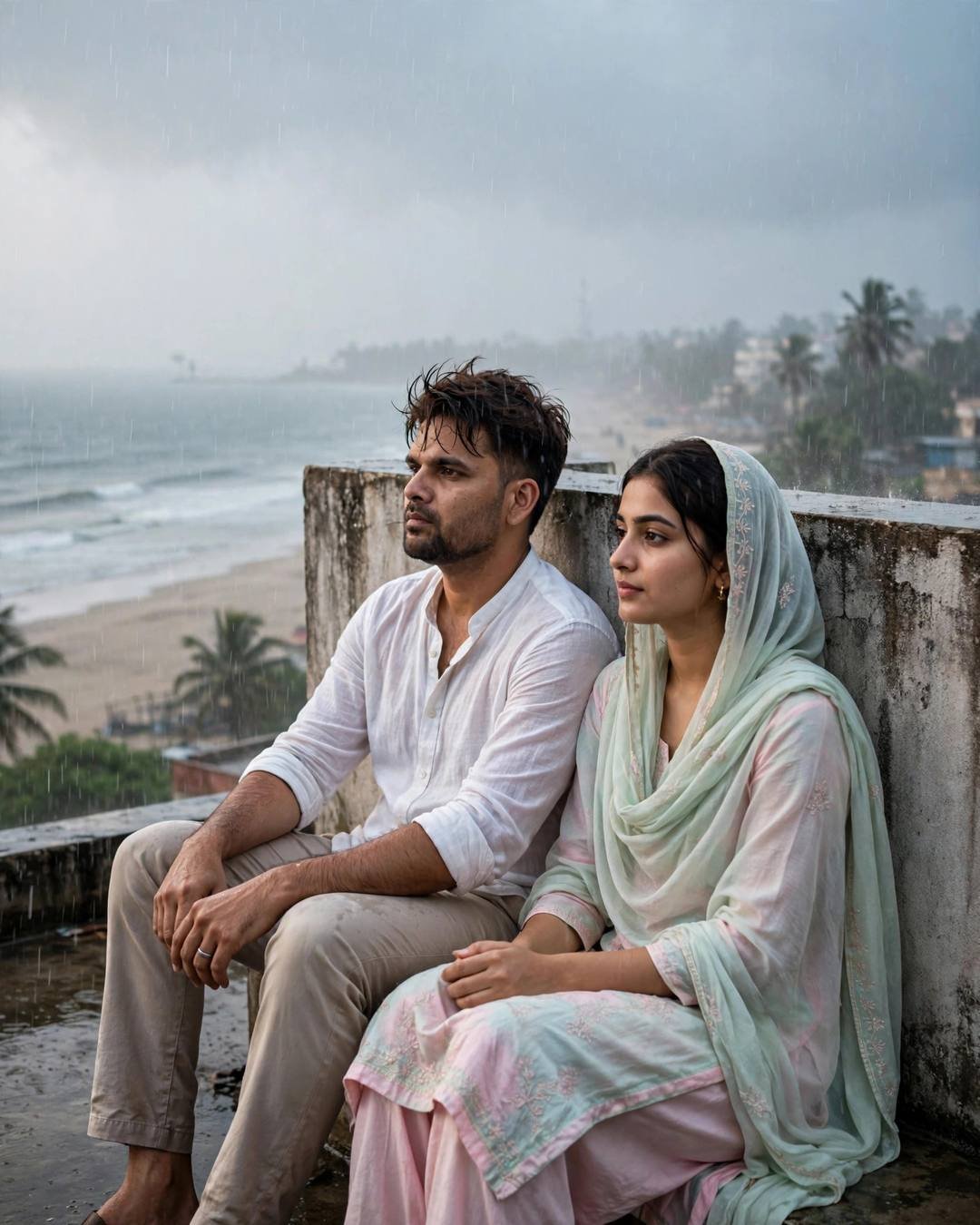 Couple sitting with backs against a rooftop wall in monsoon rain, overlooking a deserted beach at dusk