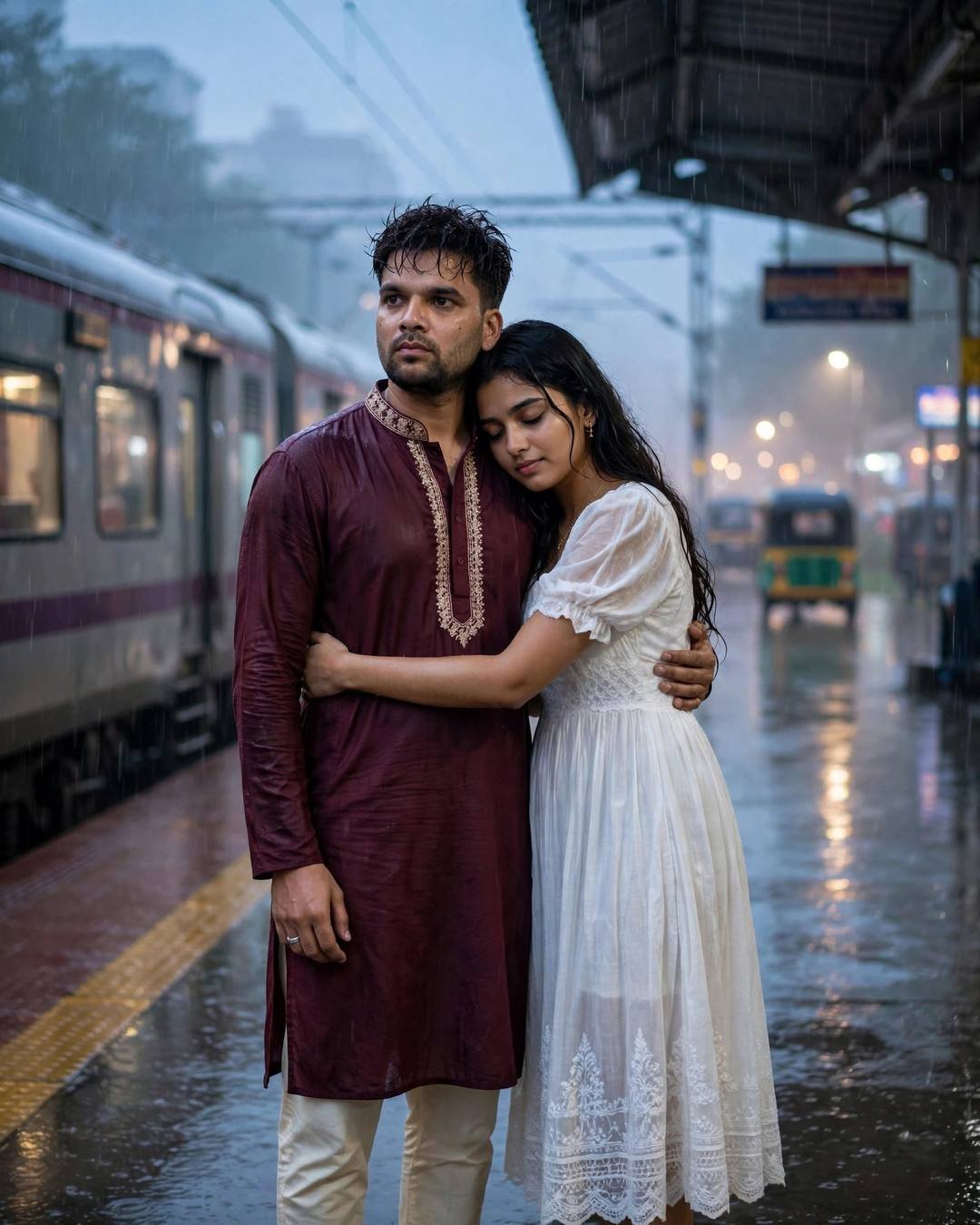 Couple embracing on a rainy railway platform at blue hour, her head on his shoulder as the train waits