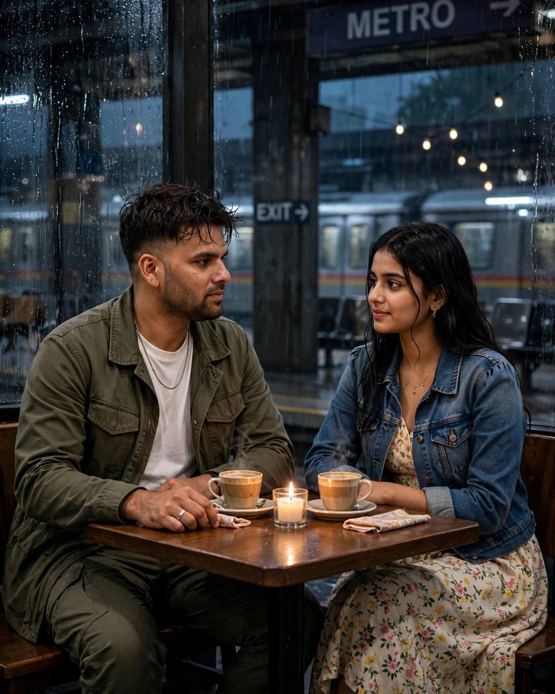 Couple across a small cafe table with two cups and a candle, rain-streaked glass behind them