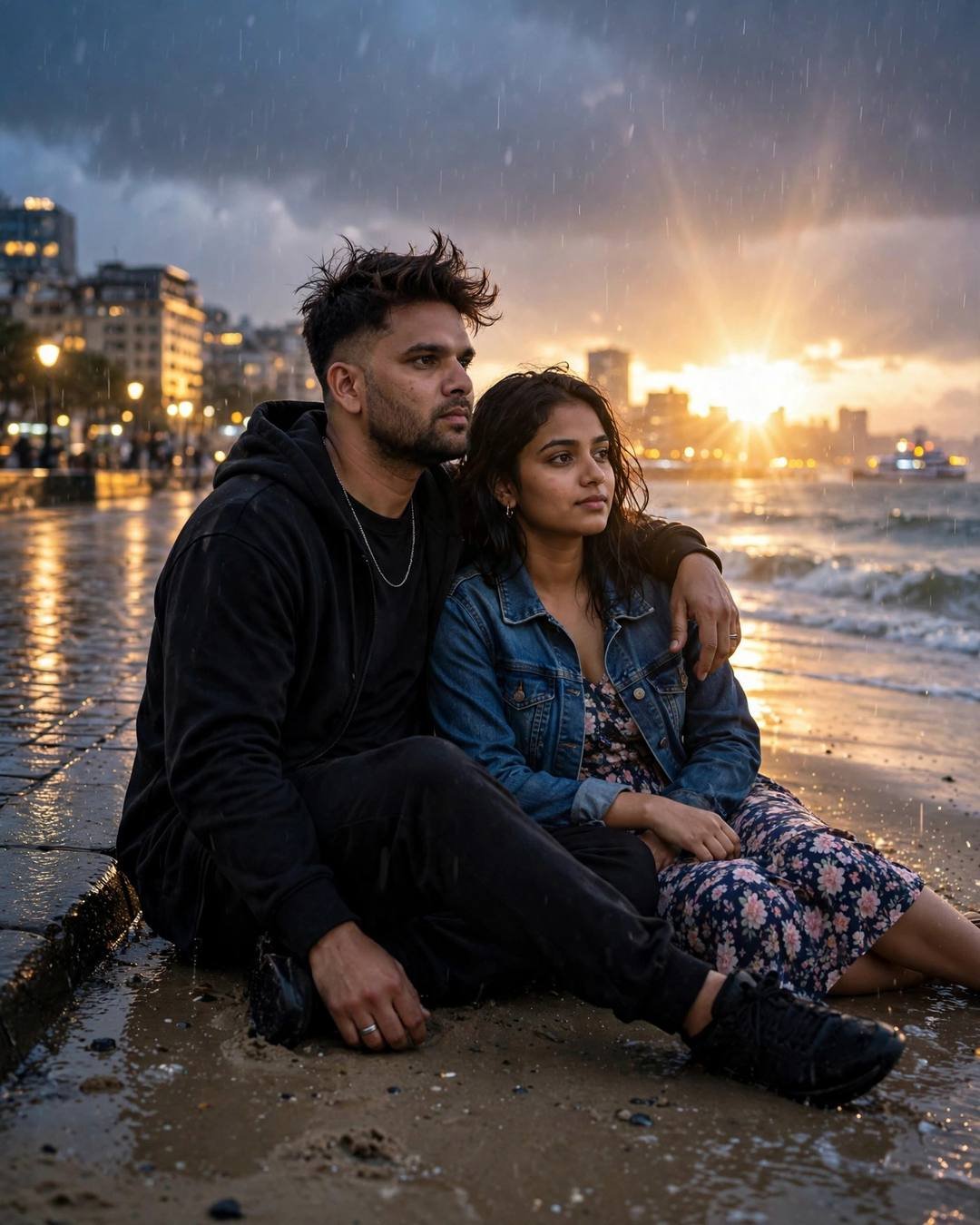 Couple sitting on wet sand at sunset in the rain, his arm around her, city skyline glowing across the water