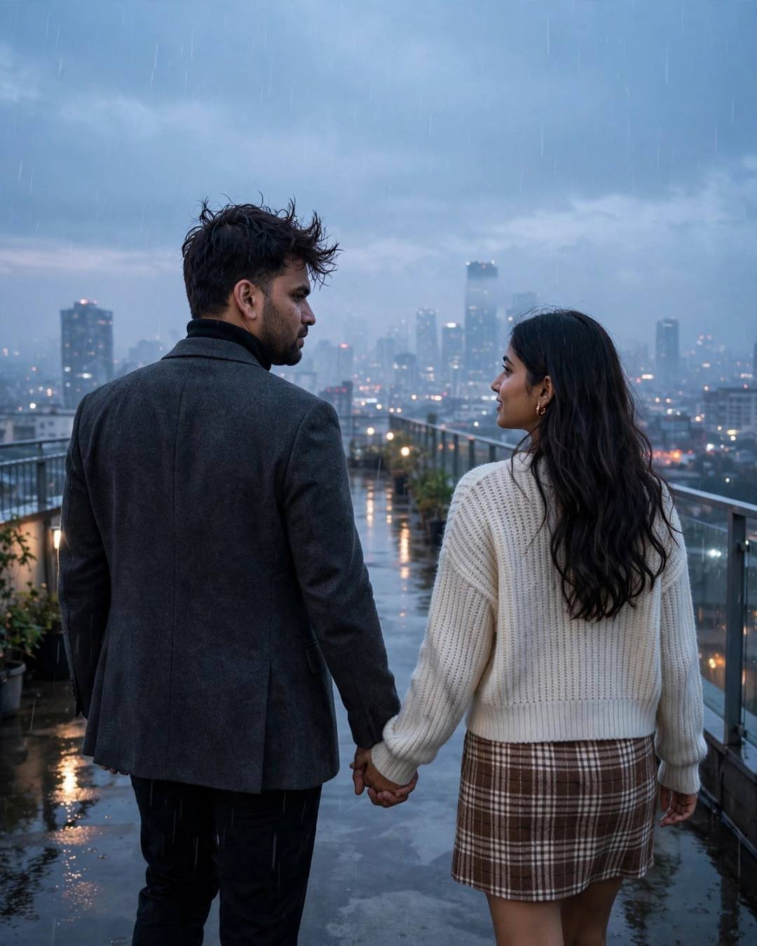 AI couple portrait — man in charcoal blazer and woman in cream knit walking hand in hand on a wet rooftop at dawn