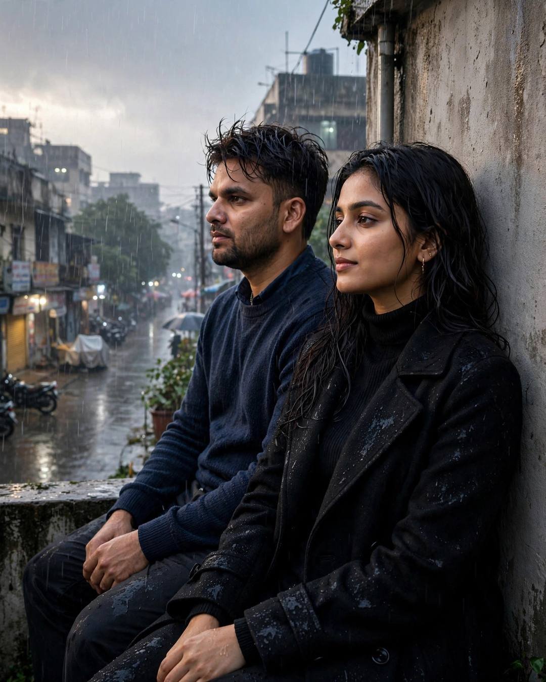 AI couple portrait — man in navy sweater and woman in black coat sitting under a ledge on a rain-soaked city street
