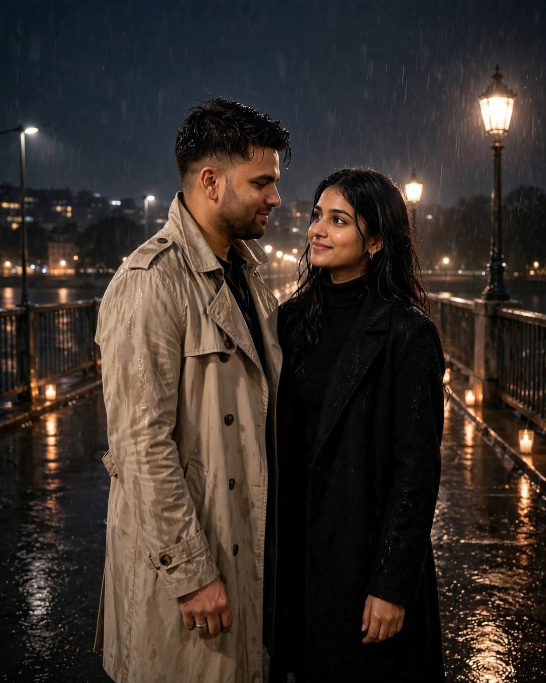 Indian couple standing close on a rainy bridge at night under streetlamps, man in beige trench coat, woman in black coat