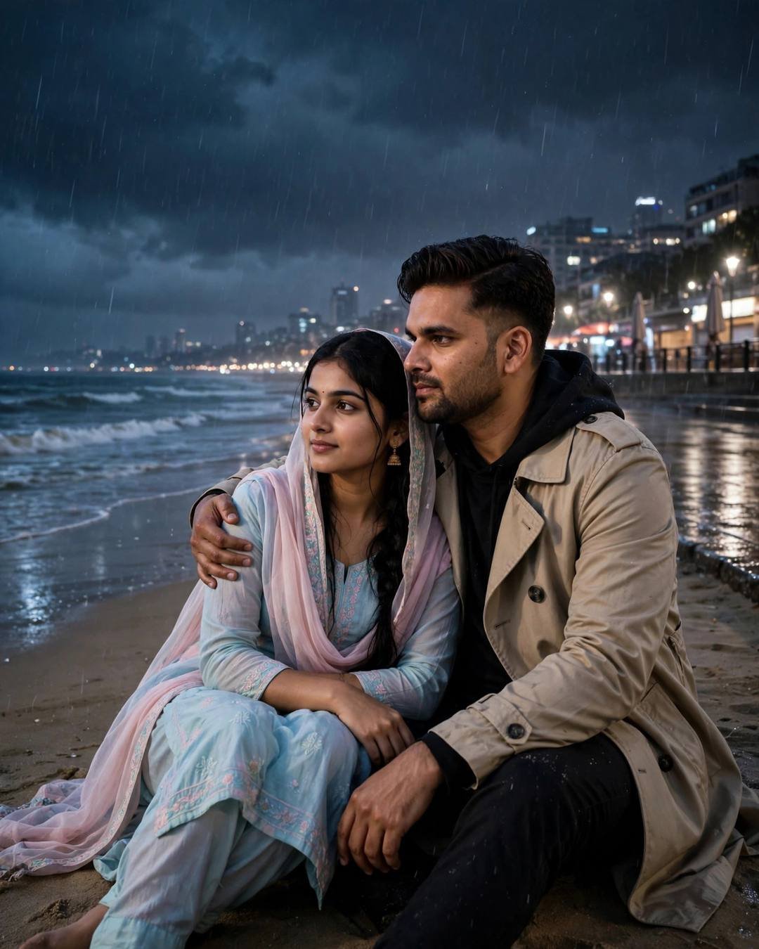 Indian couple sitting on a rainy night beach, man's arm around woman, city lights across the water, woman in pastel salwar-kameez