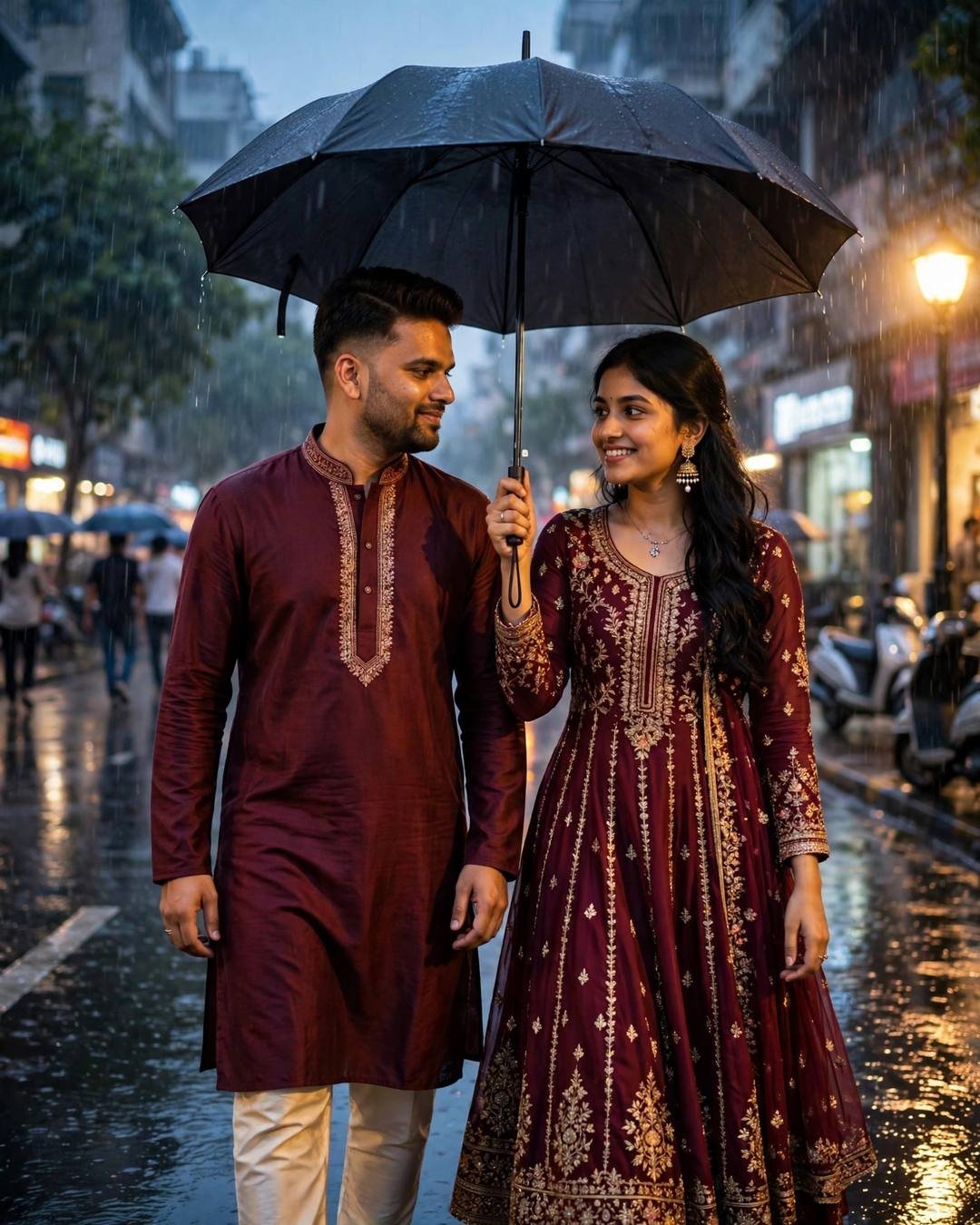 Indian couple under one umbrella on a rainy street, both in maroon ethnic wear with gold embroidery, smiling at each other