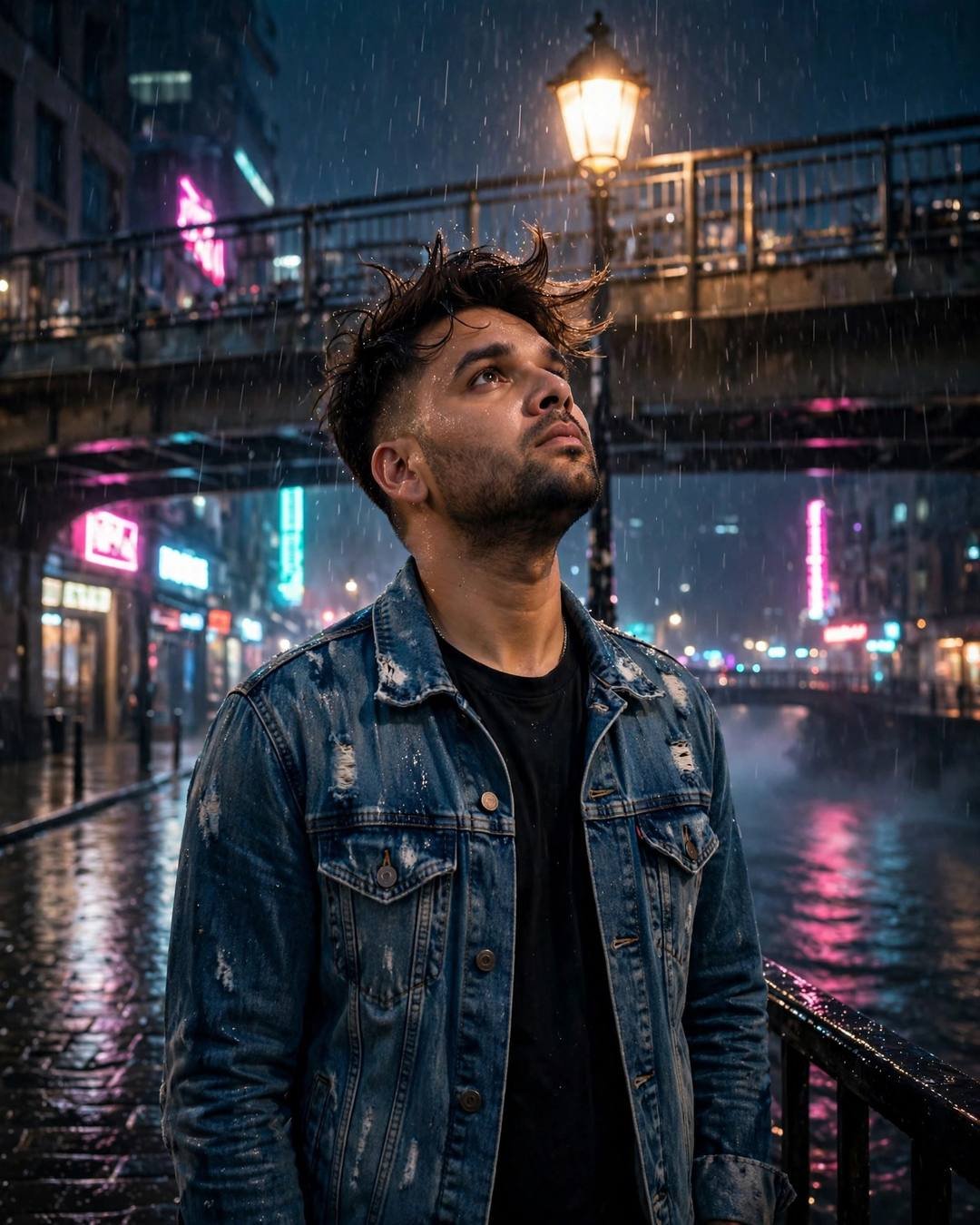 Young Indian man in distressed denim jacket standing under a streetlamp in midnight rain with neon reflections