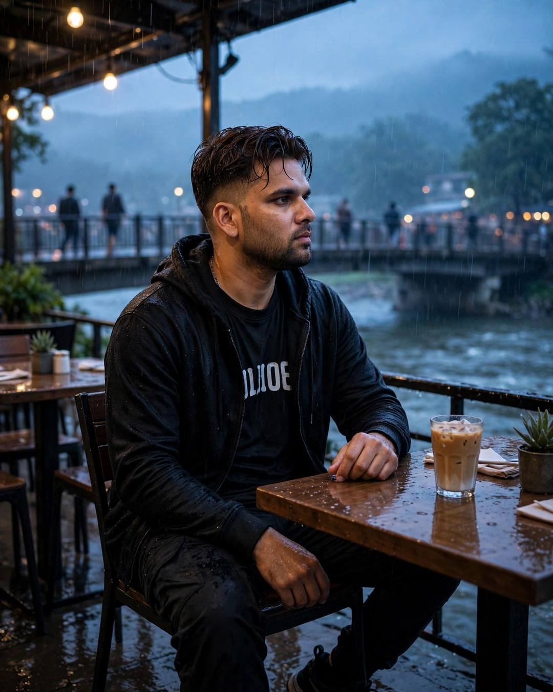 Young Indian man in black streetwear sitting at a riverside cafe table in the rain with an iced coffee