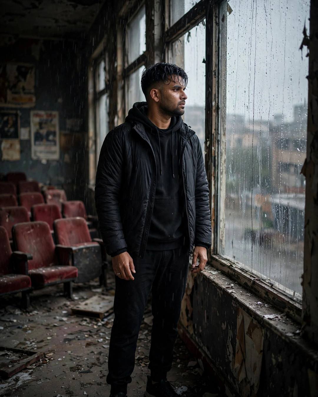 Man in all-black streetwear standing at a rain-streaked window in an abandoned cinema hall