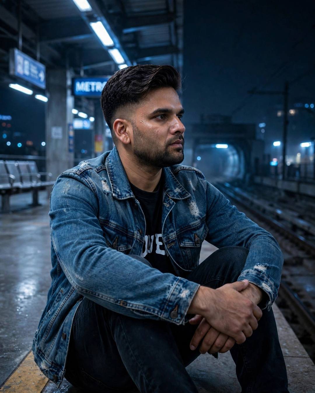 Young Indian man in denim jacket sitting with knees drawn up on an empty midnight metro platform