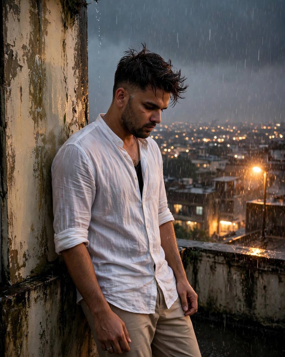 Young Indian man in white linen shirt leaning against a weathered rooftop wall in monsoon rain, head bowed, city lights behind