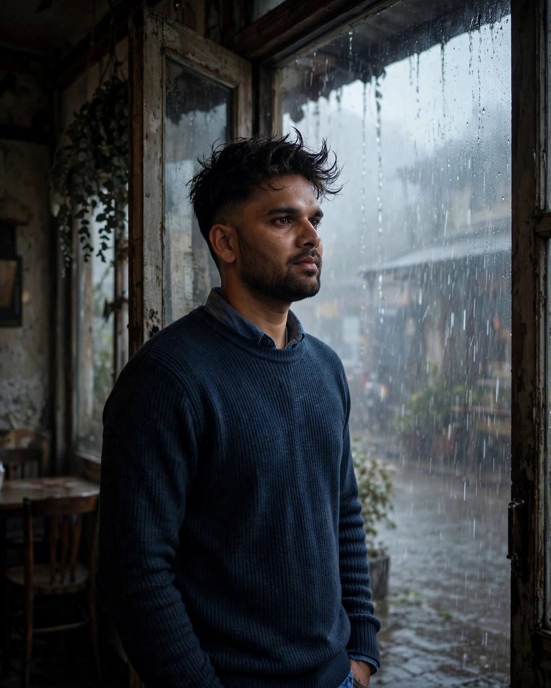 Young Indian man in navy sweater standing in the doorway of an old cafe, rain-streaked window beside him