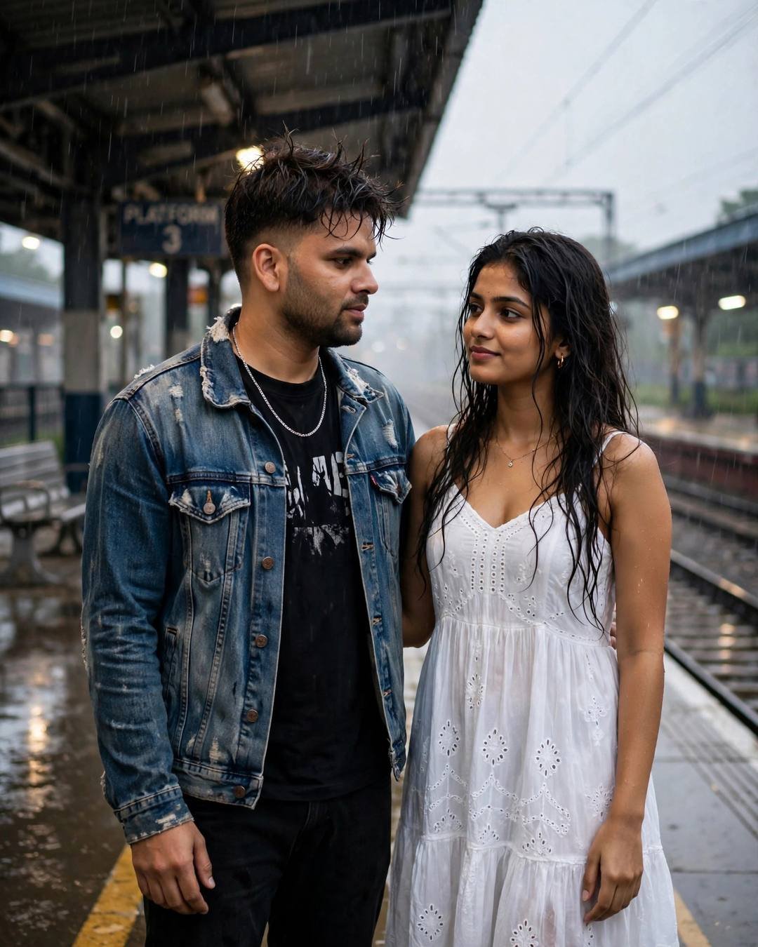 Indian couple standing close on a rainy railway platform, man in denim jacket, woman in white dress, tearful laughter
