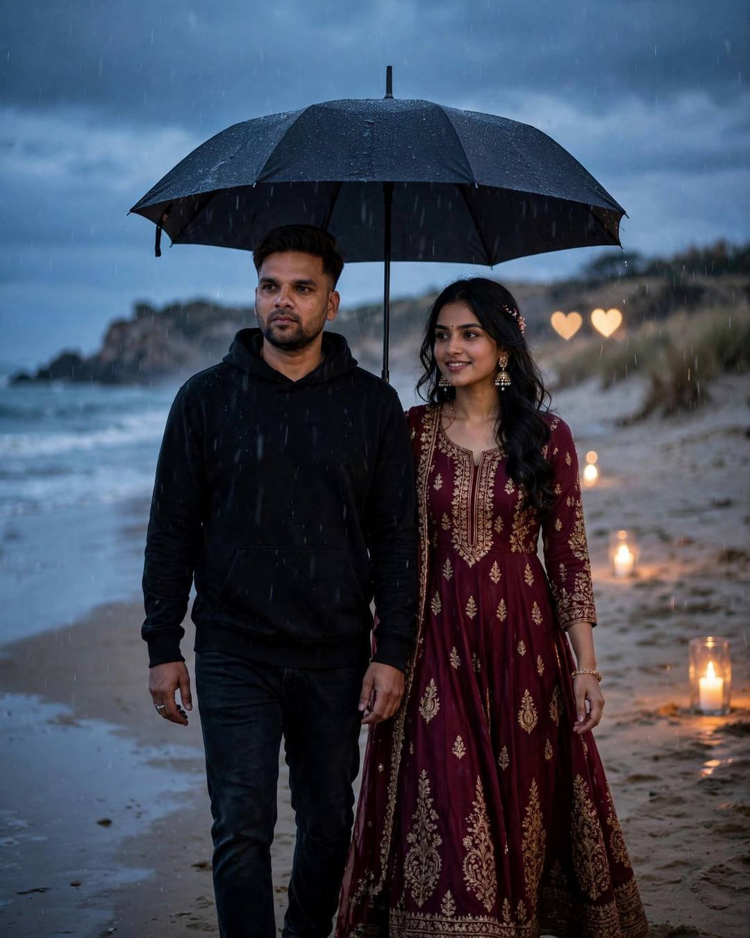 Indian couple under one umbrella on a rainy beach at dusk, man in black hoodie, woman in maroon anarkali, candles glowing
