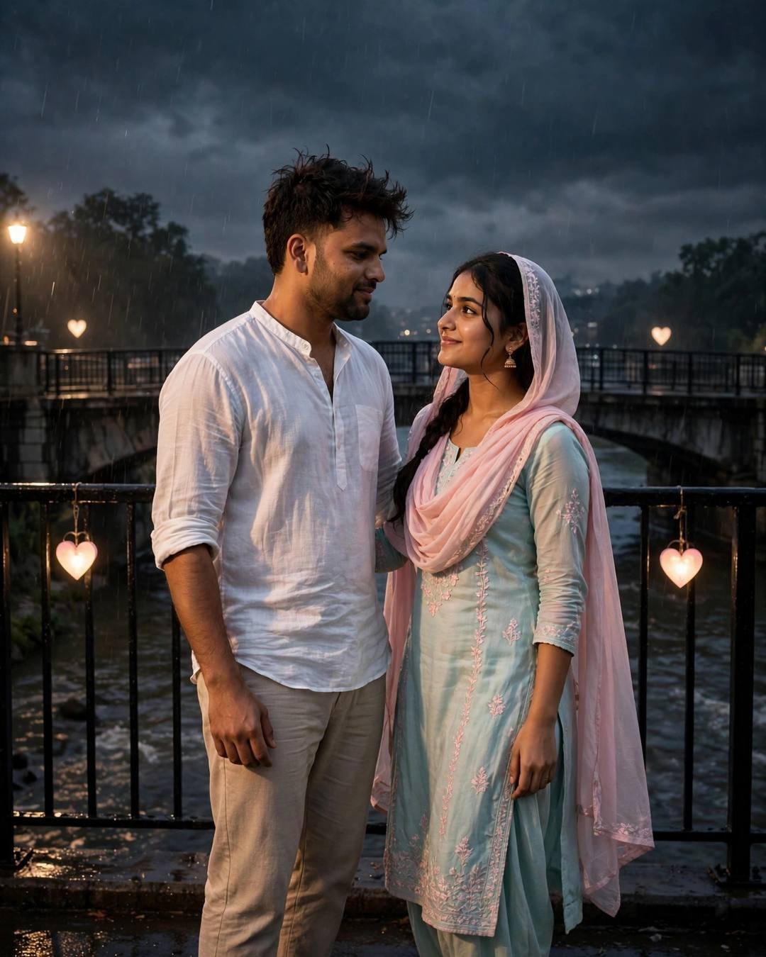 Indian couple on a rainy bridge at night, man in white linen shirt, woman in pastel salwar-kameez, heart-shaped lights glowing