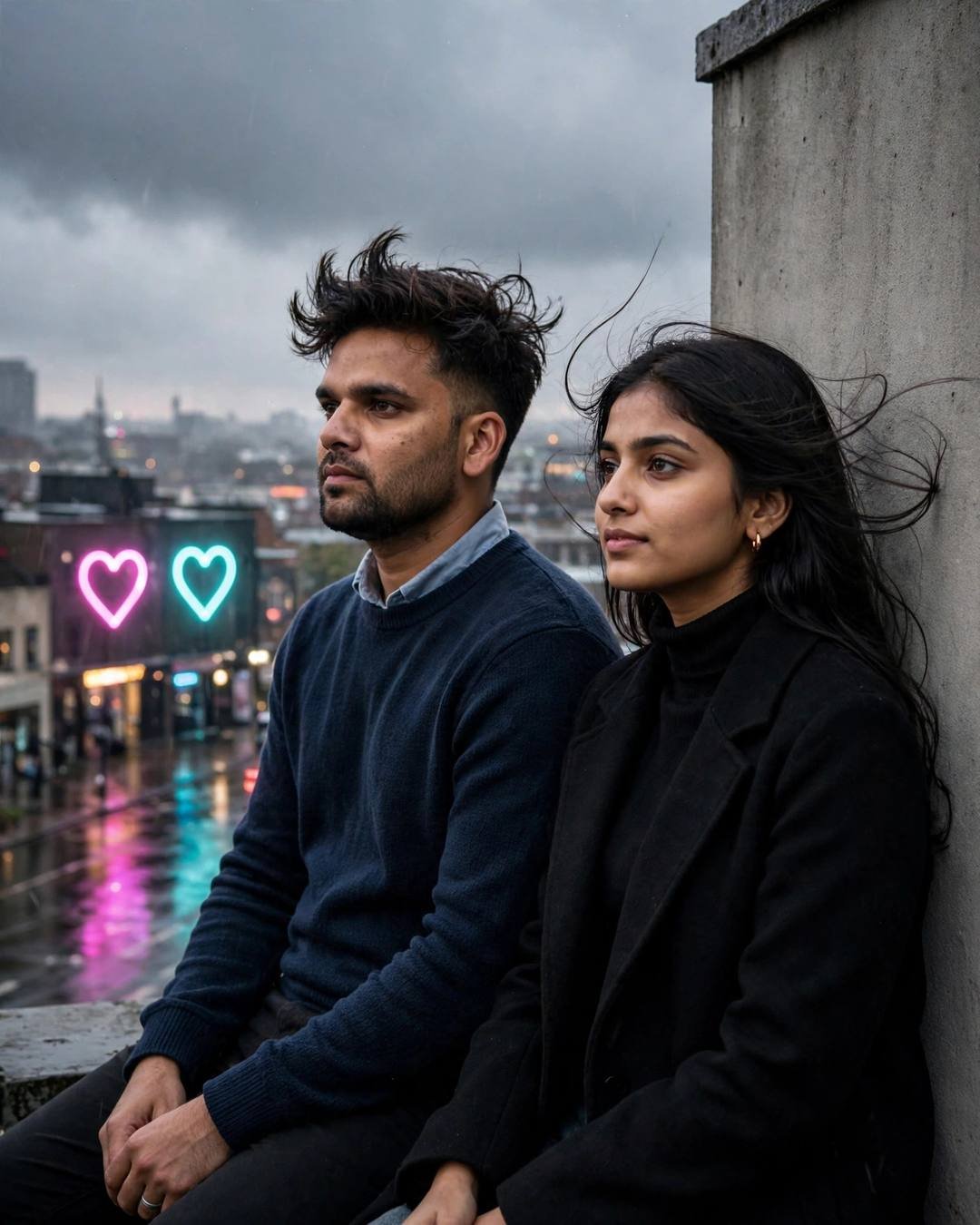 Indian couple sitting backs against a rooftop wall at night, man in navy sweater, woman in black turtleneck, neon heart signs glowing