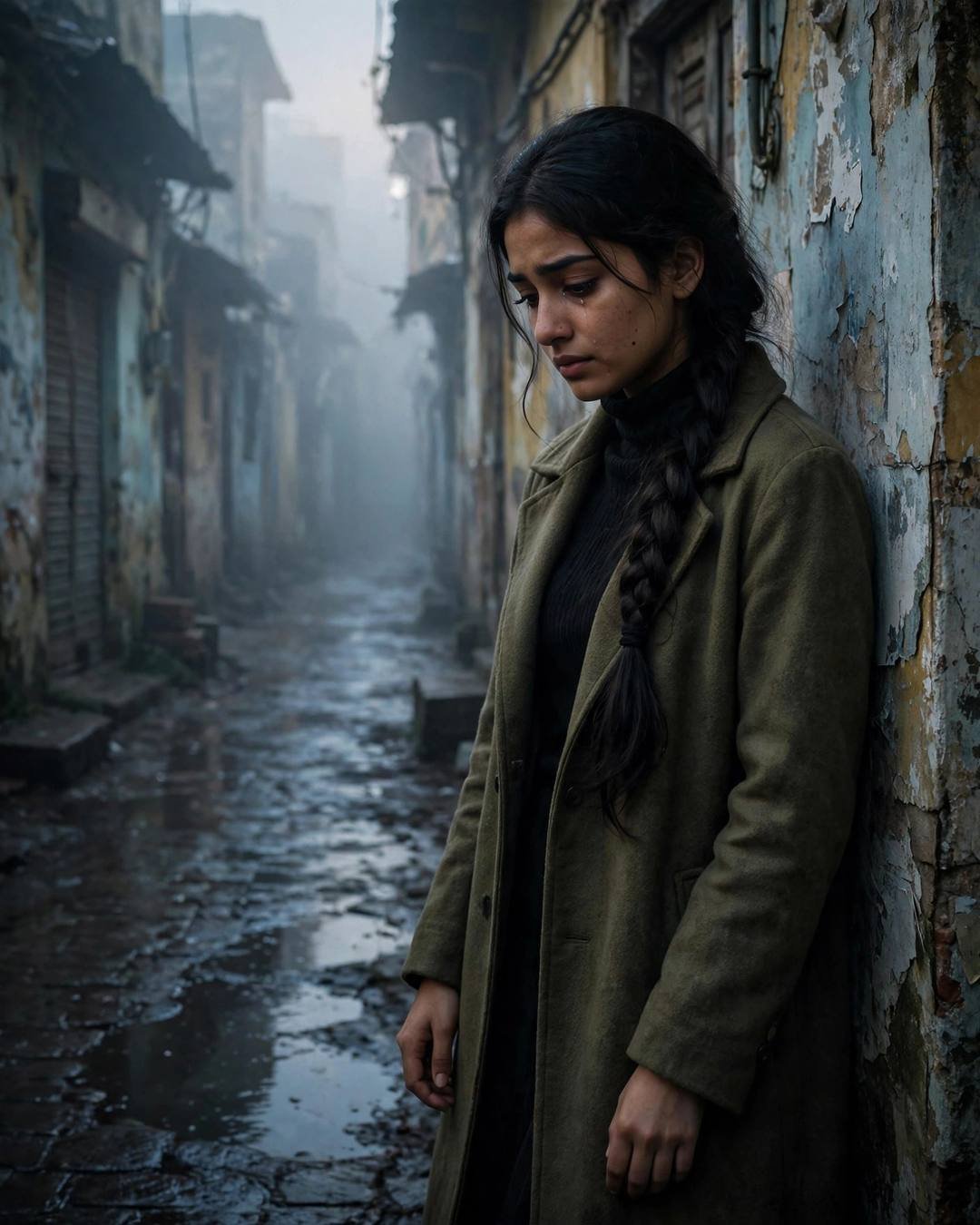 Young Indian woman in black turtleneck and long coat with a braid, leaning against a weathered wall in a foggy old-city lane, tearful