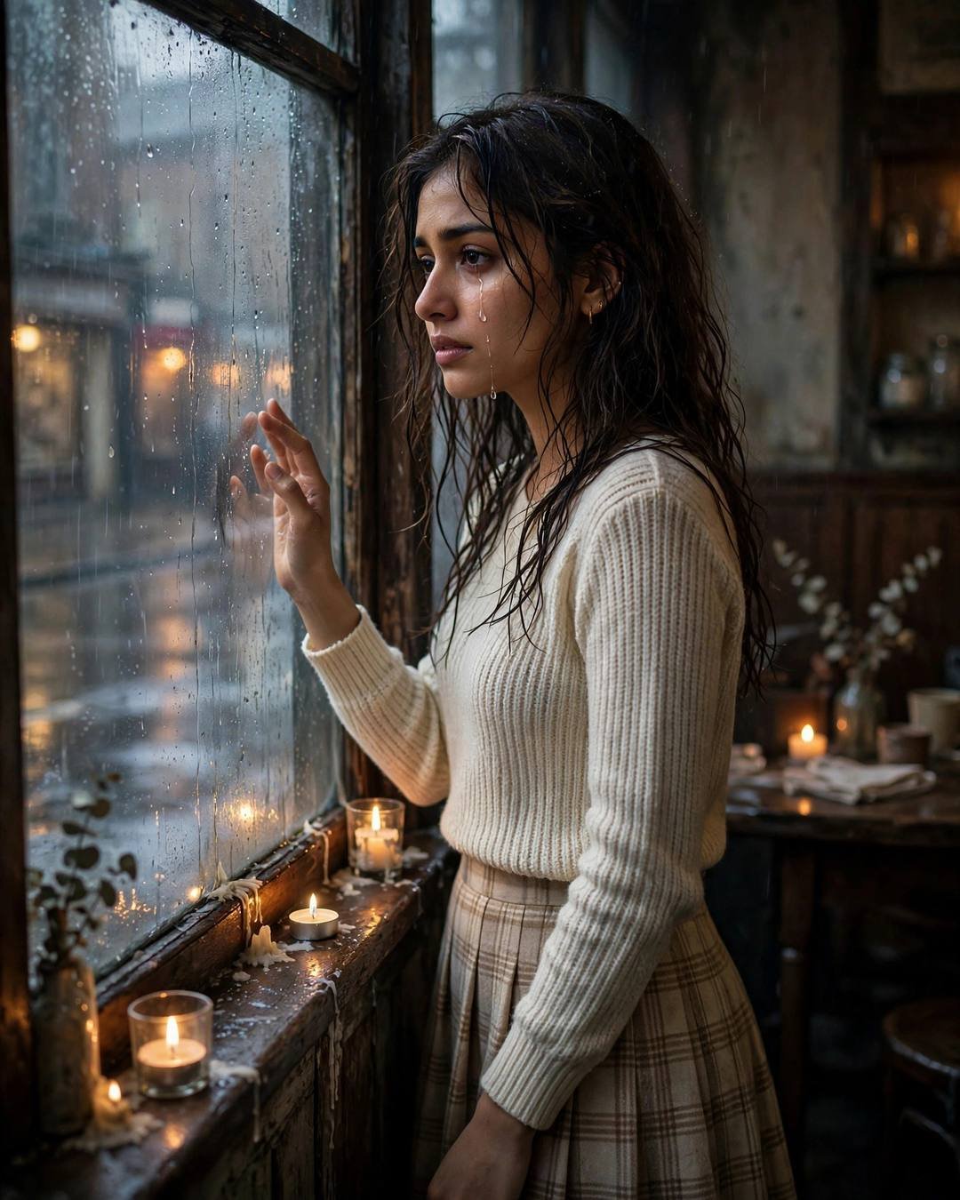 Young Indian woman in cream knit top and plaid skirt at a rain-streaked cafe window, candles on the sill, hand on the glass