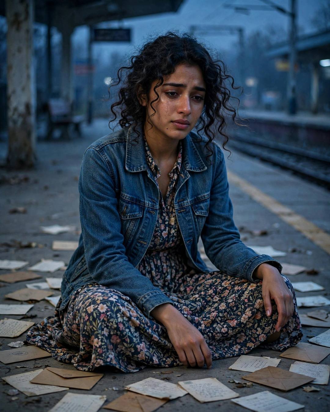 Young Indian woman in denim jacket and floral dress sitting cross-legged on a railway platform floor surrounded by old letters, tearful