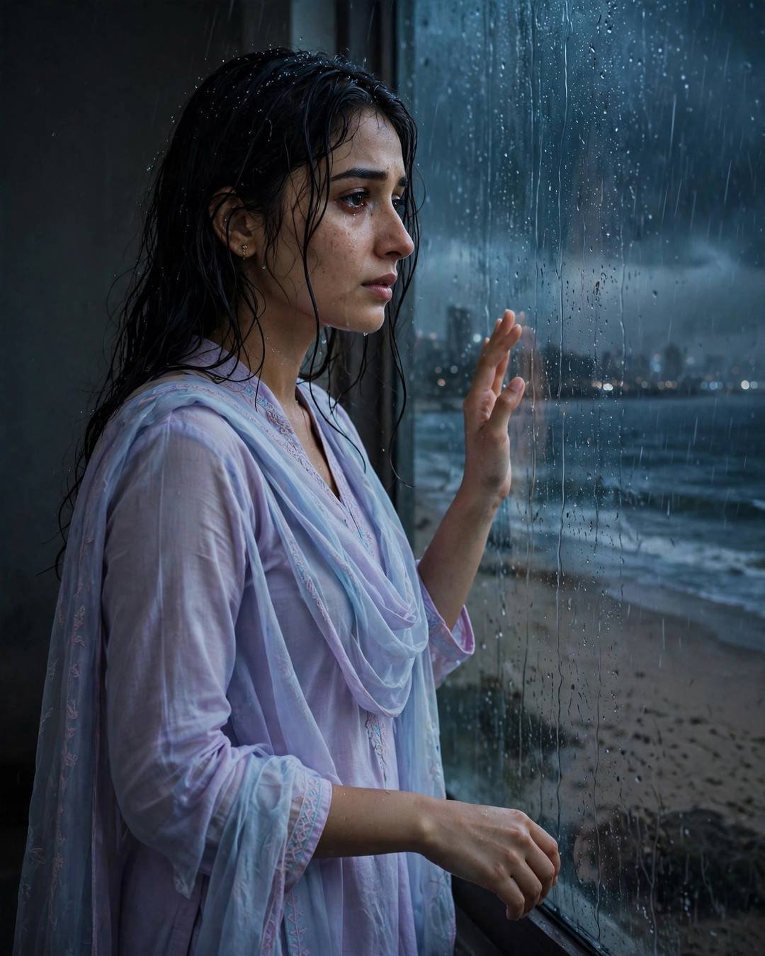Young Indian woman in pastel salwar-kameez at a rain-streaked window, hand on glass, beach at dusk beyond